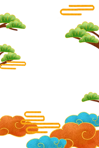 国潮手绘古风海浪花朵祥云装饰边框相框免抠