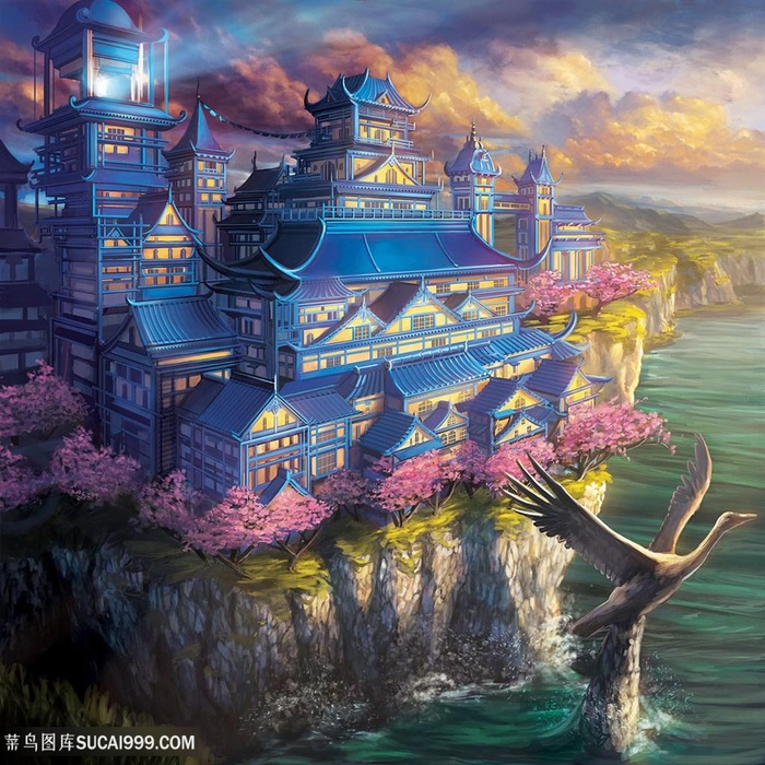 唯美海边建筑物中国风CG原画绘画图片
