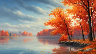 秋季树木湖泊河流风景新疆插画素材背景