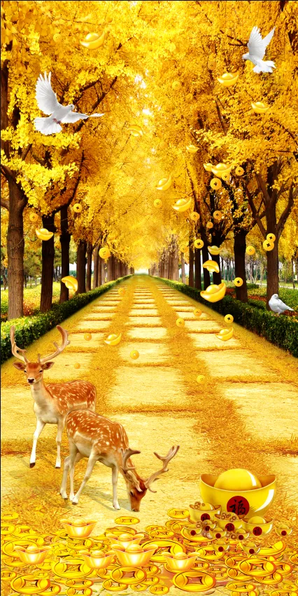 轻奢简约发财树梅花鹿花鸟树木金元宝财神客厅卧室玄关画酒店装饰画