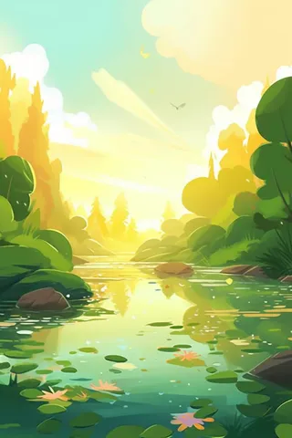 黄绿色荷花池温馨插画背景