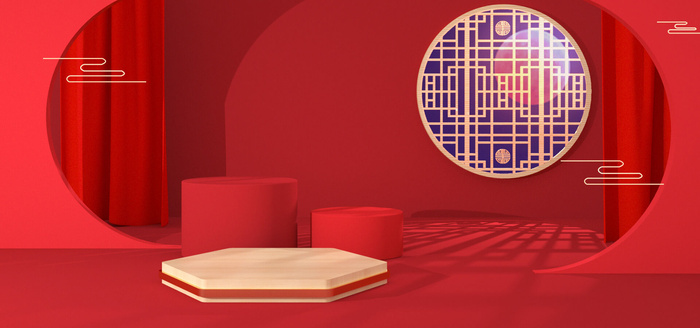 中国风国潮电商促销首页海报C4D背景图3D场景立体设计PSD素材模板