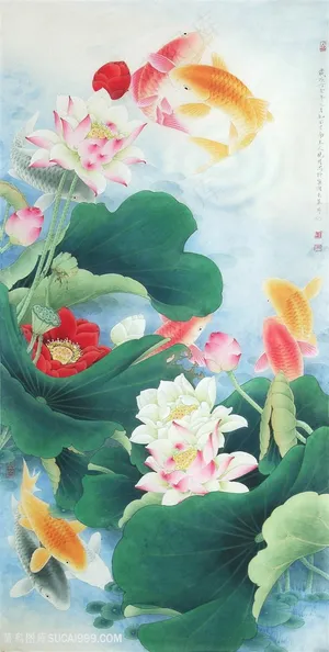 工笔荷花鲤鱼国画图片 工笔荷花鲤鱼国画图片