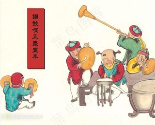 中国传统手绘小孩敲锣打鼓古画春节素材