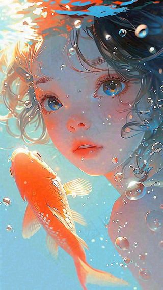 阳光水底光照游泳长发美人，鱼类金鱼，水气泡