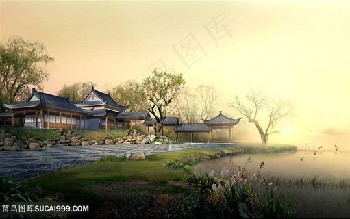 湖畔美景庭院风景画