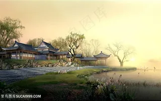 湖畔美景庭院风景画