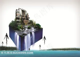 海洋方块上的高档别墅图片素材