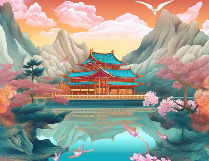 国潮国风夏季山水建筑背景(1162x896)