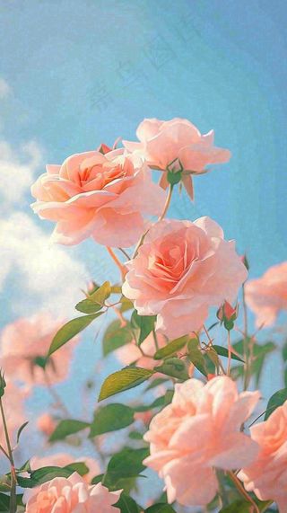 春天蓝天白云阳光下的粉色玫瑰花朵，谷雨立夏