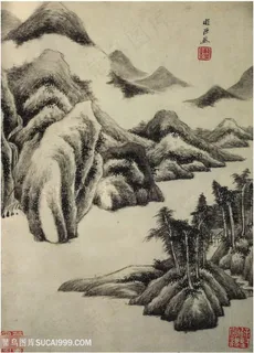 清代巨然仿古画册重峦春晓国画图片