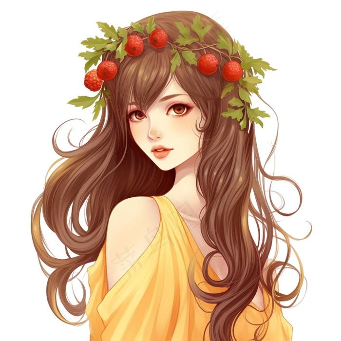 长头发少女头戴花环穿黄裙子插画 免抠