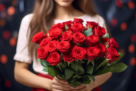 女生抱着一束红色玫瑰花摄影图