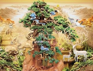 雕塑大树麋鹿花卉背景墙