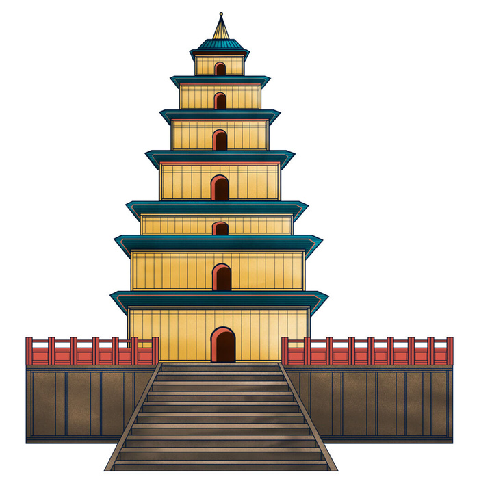 复古中国风国潮古建筑插画手绘高楼古塔PSD素材亭子png免抠图