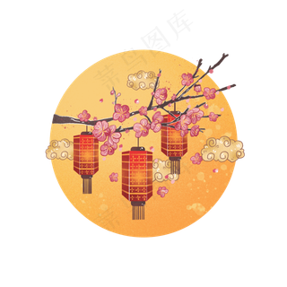 中国风 手绘 卡通元素 传统 复古红 灯笼装饰 PNG 免抠 