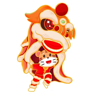 新年春节虎年元宵手绘人物舞狮卡通狮子头插画元素PSD设计素材