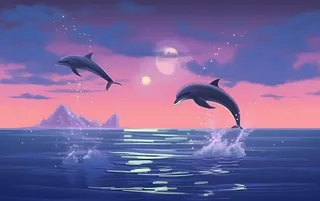 飞跃出海面的海豚晚霞素材背景