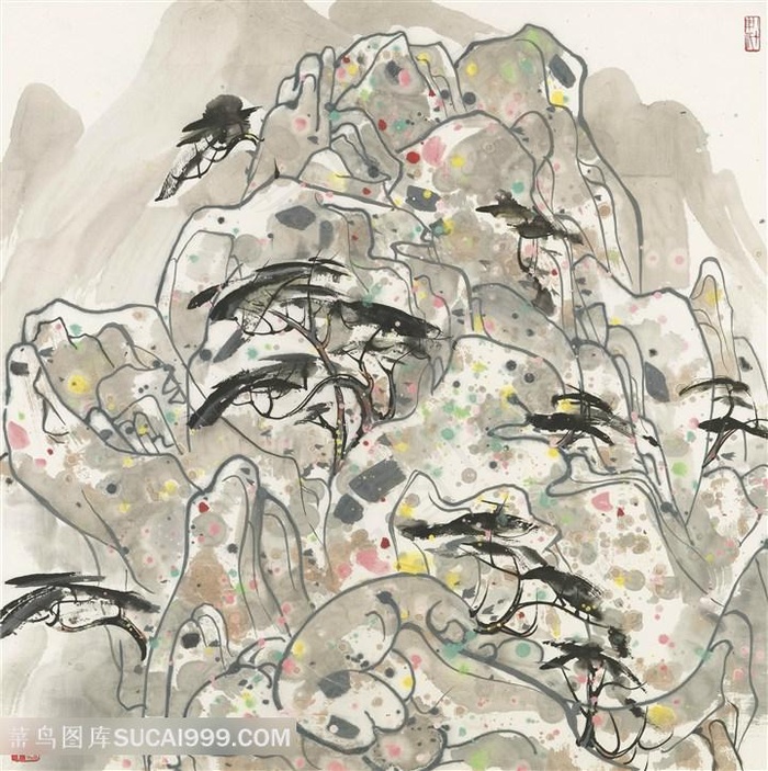 吴冠中手绘水墨山脉树装饰画