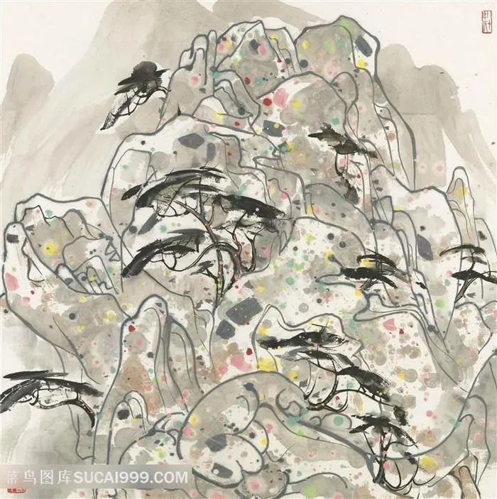 吴冠中手绘水墨山脉树装饰画