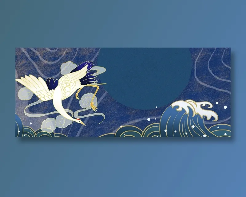 手绘国潮风展板浪花仙鹤背景(1920x800)psd模版下载