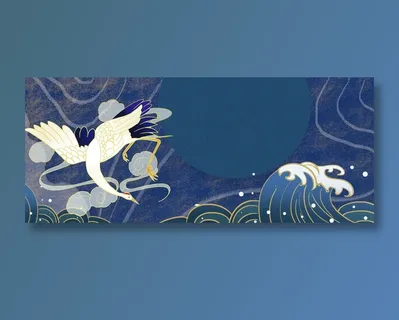 手绘国潮风展板浪花仙鹤背景