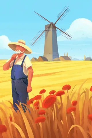 秋季丰收金色麦田风车农民伯伯插画背景