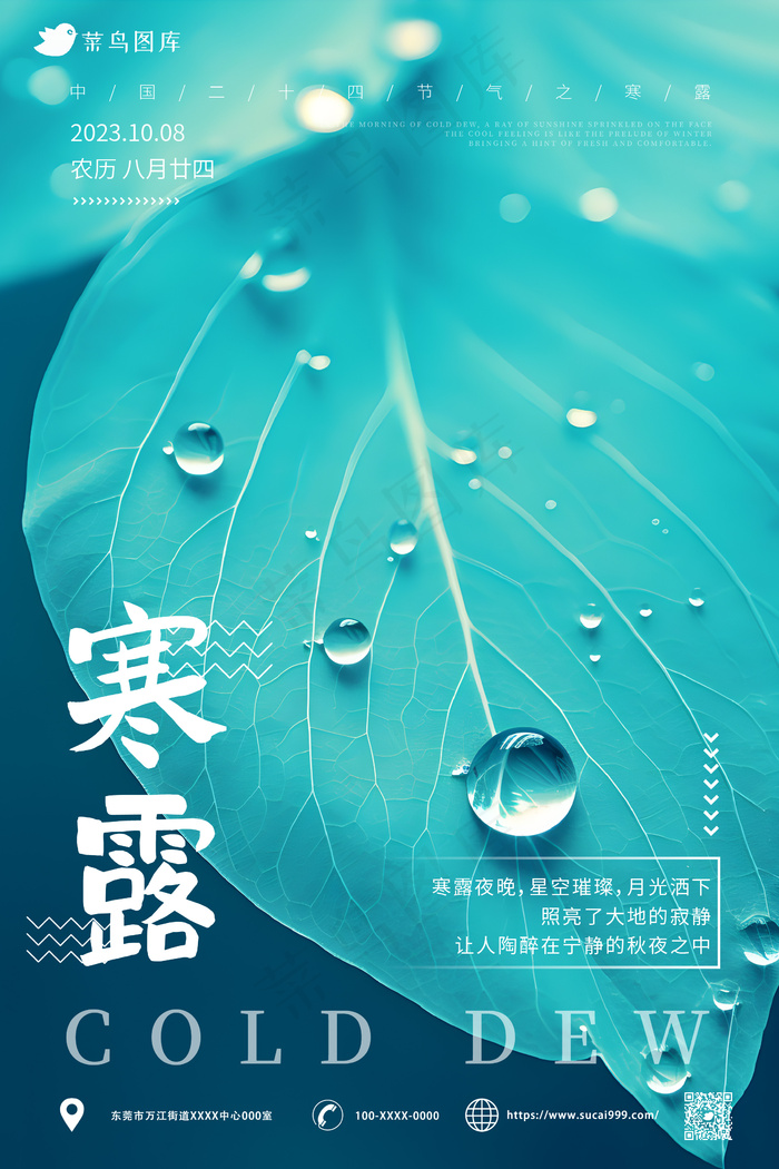 青色 树叶露珠 寒露海报ai矢量模版下载