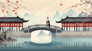 中国风古风少女小桥流水人家水墨画插画