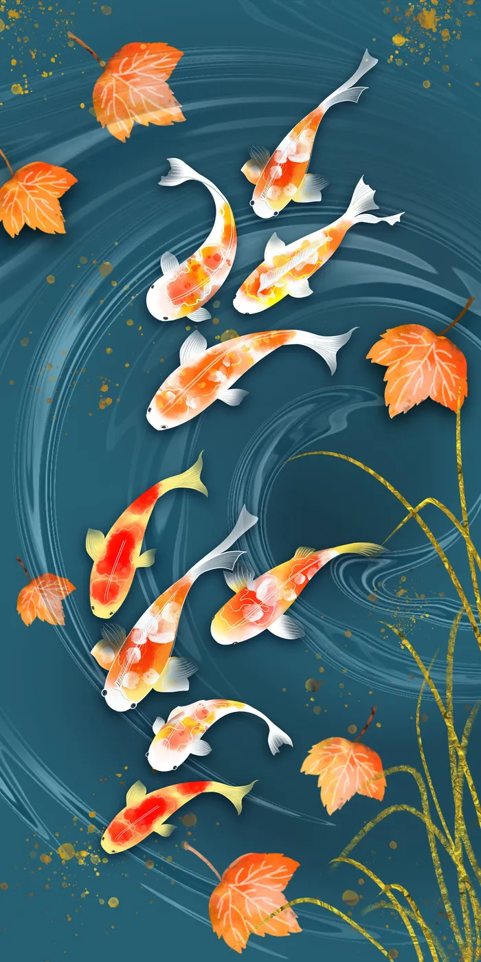 中国风国潮游鱼锦鲤枫叶水波装饰画psd模版下载