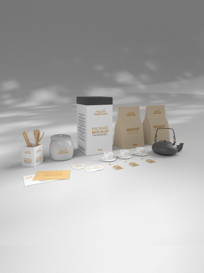 高端品牌茶叶包装盒纸袋智能贴图样机产品效果图展示PSD素材模板