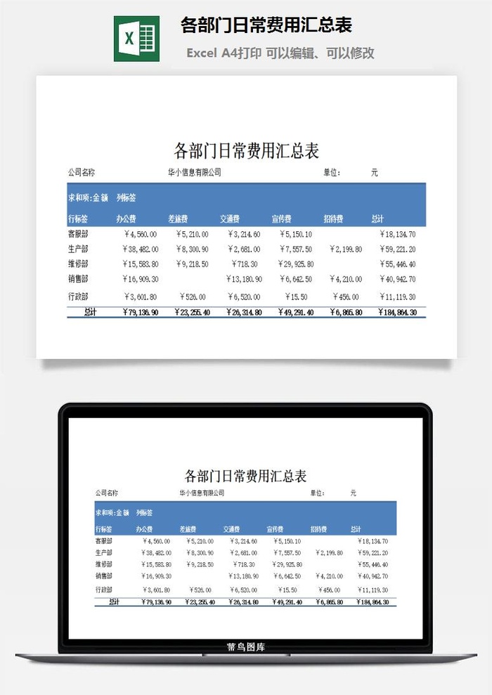 各部门日常费用汇总表excel模板