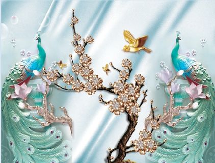 雕塑花枝孔雀背景墙