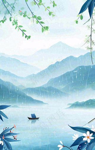 春天雨天湖面山脉小船植物花朵，雨水谷雨