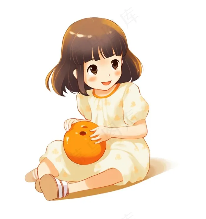 抱着南瓜的小女孩可爱卡通插画免抠(1024x1088)