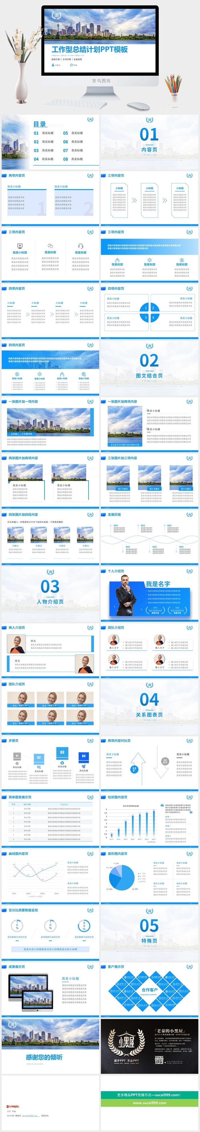 简洁蓝工作型总结计划通用ppt模板
