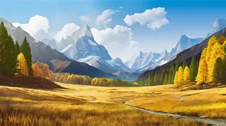 秋季高原黄色草坪森林雪山摄影图