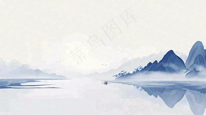 山水画简约白色河面插画手绘，中国风古风(1456x816)