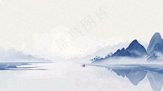 山水画简约白色河面插画手绘，中国风古风