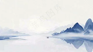 山水画简约白色河面插画手绘，中国风古风