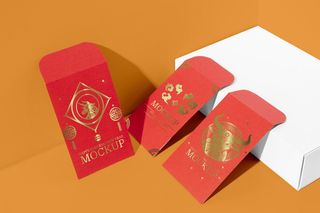 三个红包黄色背景样机