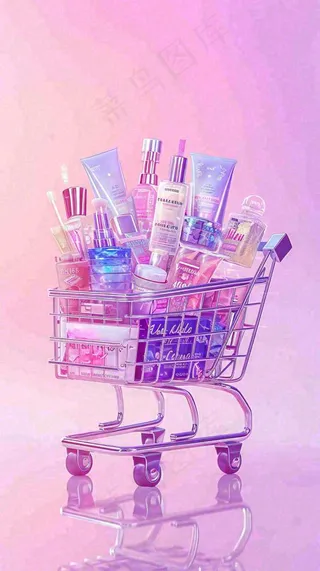 粉紫绚丽购物车采购电商美妆时尚，3D推车