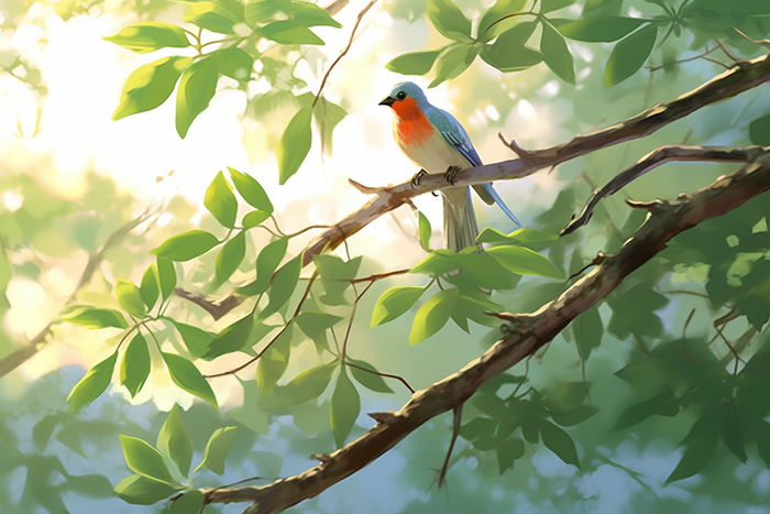 被阳光照射的绿叶树枝上站着一只小鸟卡通插画(4032x2688)