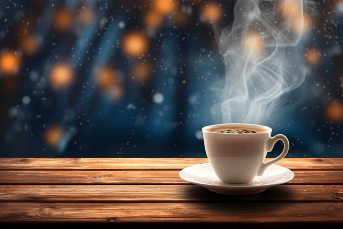 下雪天窗台的咖啡咖啡杯冒着热气摄影图