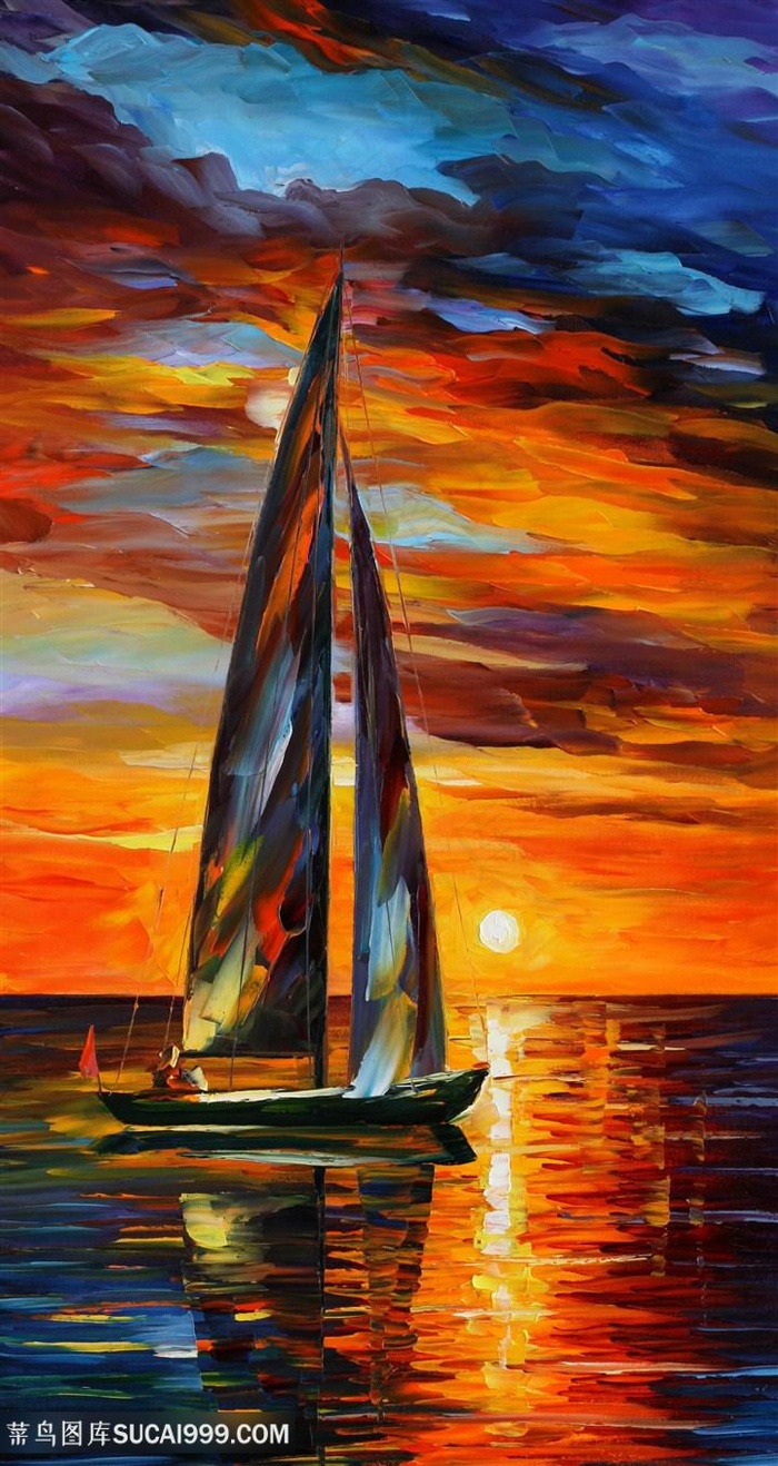 夕阳黄昏湖畔船美景艺术画