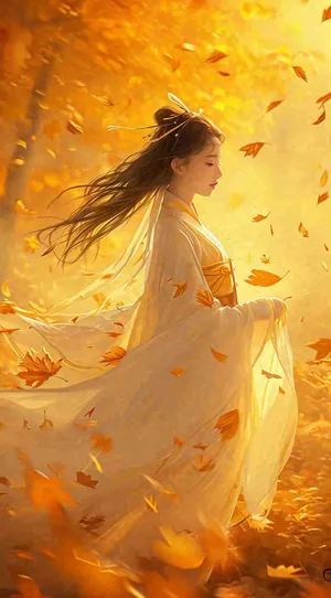 中国风秋天秋叶橙色古风美人手绘插画