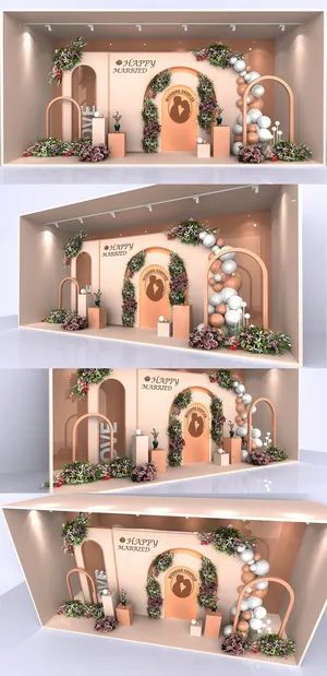 浪漫香槟色婚礼迎宾区橱窗美陈婚礼美陈