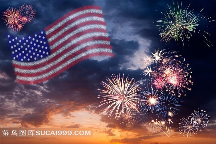 天空中美国国旗烟火晚会喜庆素材