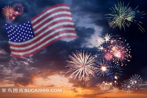 天空中美国国旗烟火晚会喜庆素材