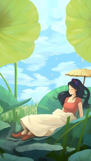 夏日乘凉的女孩躺着叶子上荷叶绿色海报背景